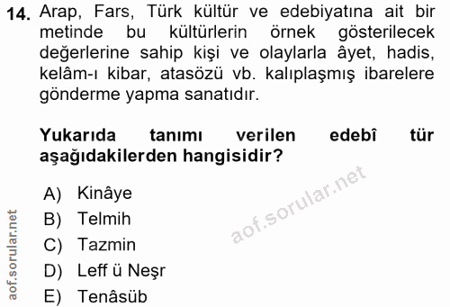 14. soru: Arap, Fars, Türk kültür ve edebiyatına ait bir metinde bu külturlerin örnek gösterilecek değerlerine sahip kişi ve ol…