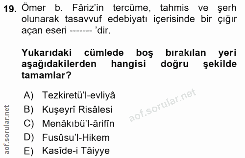 19. soru: Ömer b. Fârizin tercüme, tahmis ve şerh olunarak tasavvuf edebiyatı içerisinde bir çığır açan eseri --- 'dir. Yukarıd…