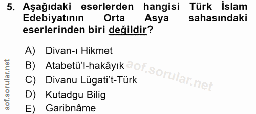5. soru: Aşağıdaki eserlerden hangisi Türk İslam Edebiyatının Orta Asya sahasındaki eserlerinden biri değildir? A) Divan-ı Hik…