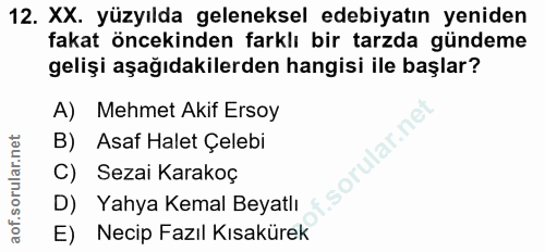12. soru: XX. yüzyılda geleneksel edebiyatın yeniden fakat öncekinden farklı bir tarzda gündeme gelişi aşağıdakilerden hangisi…
