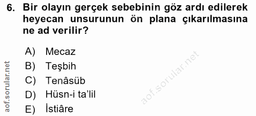 6. soru: Bir olayın gerçek sebebinin göz ardı edilerek heyecan unsurunun ön plana çıkarılmasına ne ad verilir? A) Mecaz B) Teş…