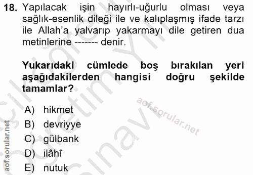 18. soru: Yapılacak işin hayırlı-uğurlu olması veya sağlık-esenlik dileği ile ve kalıplaşmış ifade tarzı ile Allah'a yalvarıp y…