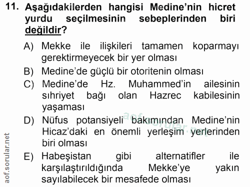 11. soru: Aşağıdakilerden hangisi Medine'nin hicret yurdu seçilmesinin sebeplerinden biri değildir? A) Mekke ile ilişkileri tam…