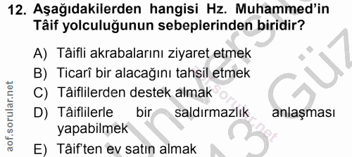 12. soru: Aşağıdakilerden hangisi Hz. Muhammed'in Täif yolculuğunun sebeplerinden biridir? A) Täifli akrabalarını ziyaret etmek…