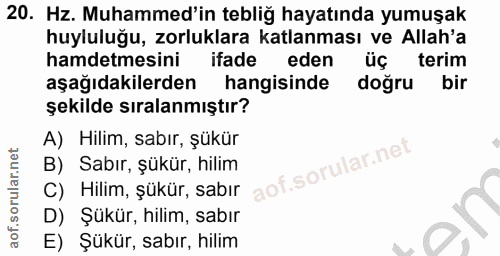 20. soru: Hz. Muhammed'in tebliğ hayatında yumuşak huyluluğu, zorluklara katlanması ve Allah'a hamdetmesini ifade eden üç terim…
