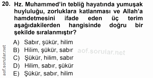 20. soru: Hz. Muhammed'in tebliğ hayatında yumuşak huyluluğu, zorluklara katlanması ve Allah'a hamdetmesini ifade eden üç terim…