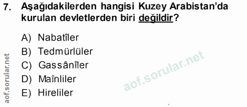 7. soru: Aşağıdakilerden hangisi Kuzey Arabistan'da kurulan devletlerden biri değildir? A) Nabatiler B) Tedmürlüler C) Gassâni…