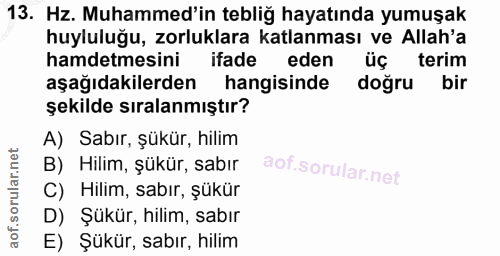 13. soru: Hz. Muhammed'in tebliğ hayatında yumuşak huyluluğu, zorluklara katlanması ve Allah'a hamdetmesini ifade eden üç terim…