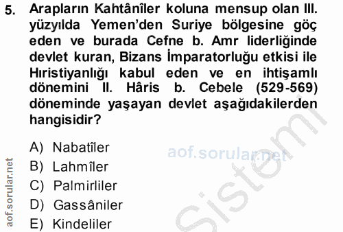 5. soru: Arapların Kahtânîler koluna mensup olan I!I. yüzyılda Yemen'den Suriye bölgesine göç eden ve burada Cefne b. Amr lide…