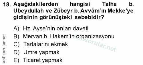 18. soru: Aşağıdakilerden hangisi Talha b. Ubeydullah ve Zübeyr b. Avâm'ın Mekke'ye gidişinin görünüşteki sebebidir? A) Hz. Ayş…