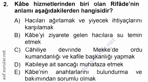 2. soru: Käbe hizmetlerinden biri olan ifâde'nin anlamı aşağıdakilerden hangisidir? A) Hacıları ağırlamak ve yiyecek ihtiyaçla…