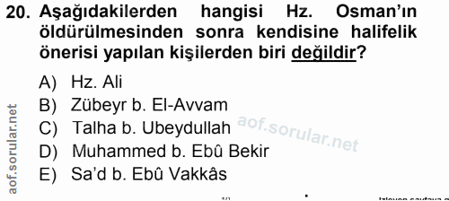 20. soru: Aşağıdakilerden hangisi Hz. Osman'ın öldürülmesinden sonra kendisine halifelik önerisi yapılan kişilerden biri değild…