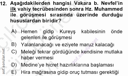 12. soru: Aşağıdakilerden hangisi Vakara b. Nevfel'in ilk vahiy tecrübesinden sonra Hz. Muhammed ile görüşmesi sırasında üzerin…