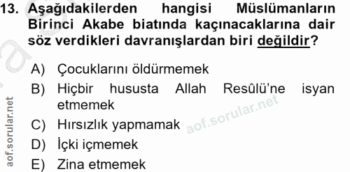 13. soru: Aşağıdakilerden hangisi Müslümanların Birinci Akabe bitında kaçınacaklarına dair söz verdikleri davranışlardan biri d…