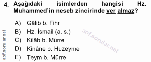 4. soru: Aşağıdaki isimlerden hangisi Hz. Muhammed'in neseb zincirinde yer almaz? A) Gâlib b. Fihr B) Hz. Ismail (a. s.) C) Ki…