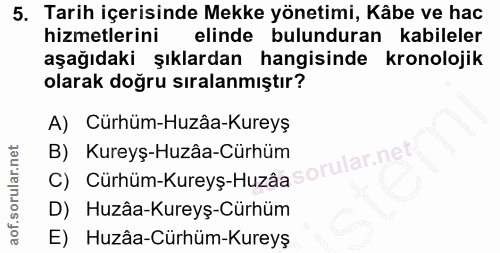 5. soru: Tarih içerisinde Mekke yönetimi, Kâbe ve hac hizmetlerini elinde bulunduran kabileler aşağıdaki şıklardan hangisinde…