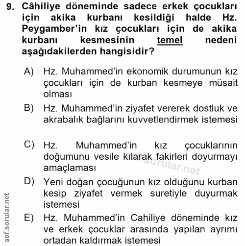 9. soru: Câhiliye döneminde sadece erkek çocukları için akika kurbanı kesildiği halde Hz. Peygamber'in kız çocukları için de a…