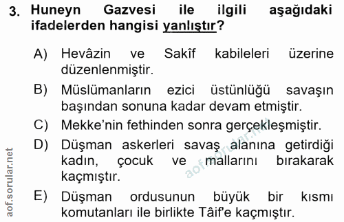 3. soru: Huneyn Gazvesi ile ilgili aşağıdaki ifadelerden hangisi yanlıştır? A) Hevâzin ve Sakîf kabileleri üzerine düzenlenmiş…