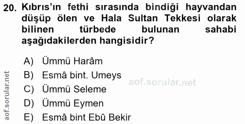 20. soru: Kıbrıs'ın fethi sırasında bindiği hayvandan düşüp ölen ve Hala Sultan Tekkesi olarak bilinen türbede bulunan sahabi a…