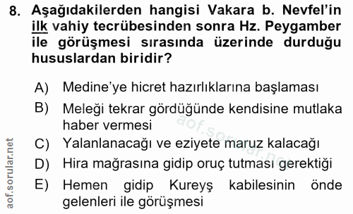 8. soru: Aşağıdakilerden hangisi Vakara b. Nevfel'in ilk vahiy tecrübesinden sonra Hz. Peygamber ile görüşmesi sırasında üzeri…