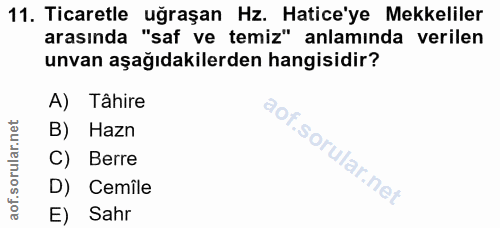 11. soru: Ticaretle uğraşan Hz. Hatice'ye Mekkeliler arasında "saf ve temiz" anlaminda verilen unvan aşağıdakilerden hangisidir…