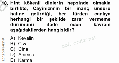 10. soru: Hint kökenli dinlerin hepsinde olmakla birlikte, Cayinizm'in bir inanç unsuru haline getirdiği, her türden canlıya he…