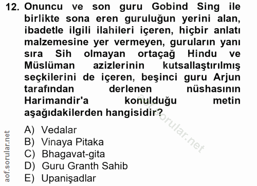 12. soru: Onuncu ve son guru Gobind Sing ile birlikte sona eren guruluğun yerini alan, ibadetle ilgili ilahileri içeren, hiçbir…