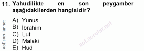 11. soru: Yahudilikte en son peygamber aşağıdakilerden hangisidir? A) Yunus B) Ibrahim C) Lut D) Malaki E) Hud