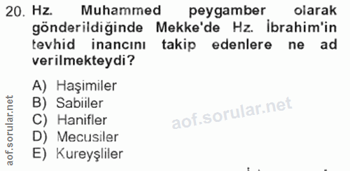 20. soru: Hz. Muhammed peygamber olarak gönderildiğinde Mekke'de Hz. İbrahim'in tevhid inancını takip edenlere ne ad verilmekte…