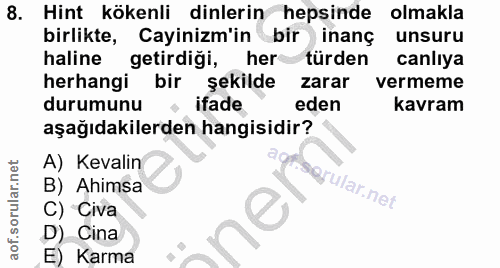 8. soru: Hint kökenli dinlerin hepsinde olmakla birlikte, Cayinizm'in bir inanç unsuru haline getirdiği, her türden canlıya he…