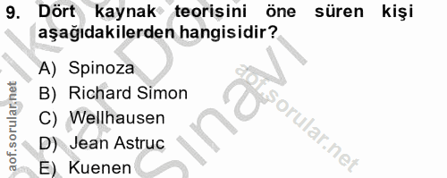 9. soru: Dört kaynak teorişini öne süren kişi aşağıdakilerden hangisidir? A) Spinoza B) Richard Simon C) Wellhausen D) Jean As…