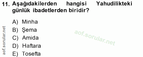 11. soru: Aşağıdakilerden hangisi Yahudilikteki günlük ibadetlerden biridir? A) Minha B) Şema C) Amida D) Haftara E) Tosefta
