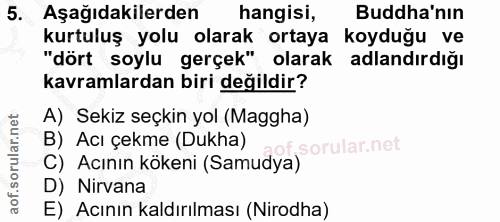 5. soru: Aşağıdakilerden hangisı, Buddha'nın kurtuluş yolu olarak ortaya koyduğu ve "dört soylu gerçek" olarak adlandırdığı ka…