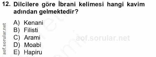 12. soru: Dilcilere göre Ibrani kelimesi hangi kavim adından gelmektedir? A) Kenani B) Filisti C) Arami D) Moabi E) Hapiru