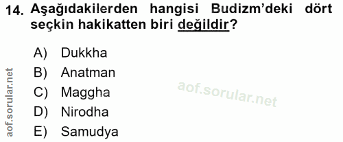 14. soru: Aşağıdakilerden hangisi Budizm'deki dört seçkin hakikatten biri değildir? A) Dukkha B) . Anatman C) Maggha D) Nirodha…