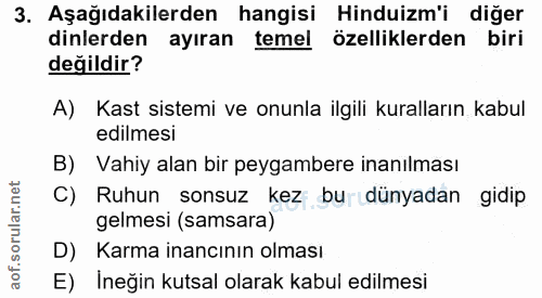 3. soru: Aşağıdakilerden hangisi Hinduizm'i diğer dinlerden ayıran temel özelliklerden biri değildir? A) Kast sistemi ve onunl…