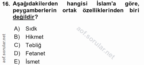 16. soru: Aşağıdakilerden hangisi İslam'a göre, peygamberlerin ortak özelliklerinden biri değildir? A) Sıdk B) Hikmet C) Tebliğ…