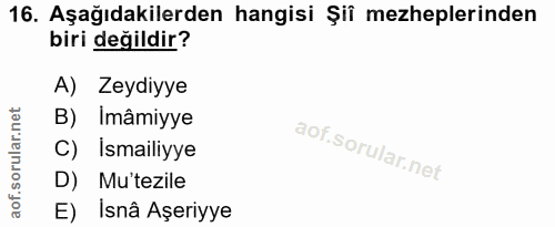 16. soru: Aşağıdakilerden hangisi Şiî mezheplerinden biri değildir? A) Zeydiyye B) Imâmiyye C) Ismailiyye D) Mu'tezile E) İsnâ…