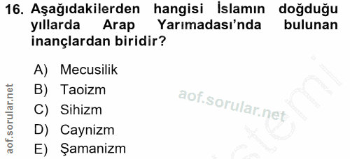 16. soru: Aşağıdakilerden hangisi İslamın doğduğu yıllarda Arap Yarımadası'nda bulunan inançlardan biridir? A) Mecusilik B) Tao…