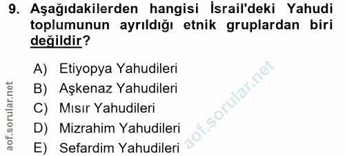 9. soru: Aşağıdakilerden hangisi İsrail'deki Yahudi toplumunun ayrıldığı etnik gruplardan biri değildir? A) Etiyopya Yahudiler…