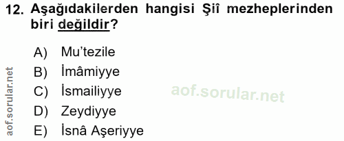 12. soru: Aşağıdakilerden hangisi Şiî mezheplerinden biri değildir? A) Mu'tezile B) İmâmiyye orular.n C) İsmailiyye D) Zeydiyye…