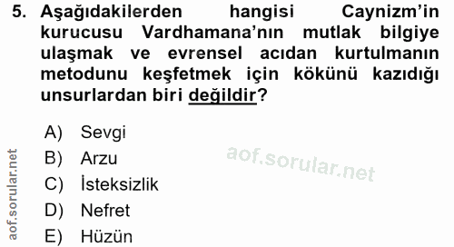 5. soru: Aşağıdakilerden hangisi Caynizm'in kurucusu Vardhamana'nın mutlak bilgiye ulaşmak ve evrensel acıdan kurtulmanın meto…