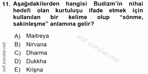 11. soru: Aşağıdakilerden hangisi Budizm'in nihai hedefi olan kurtuluşu ifade etmek için kullanılan bir kelime olup "sönme, sak…