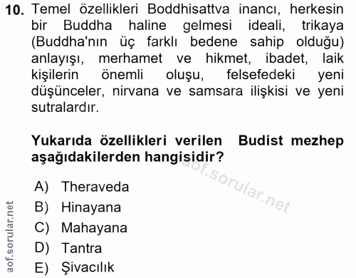 10. soru: Temel özellikleri Boddhisattva inancı, herkesin bir Buddha haline gelmesi ideali, trikaya (Buddha'nın üç farklı beden…