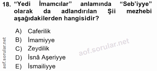 18. soru: "Yedi Imamcilar" anlaminda "Seb'iyye" olarak da adlandırılan Şii mezhebi aşağıdakilerden hangisidir? A) Caferilik B)…