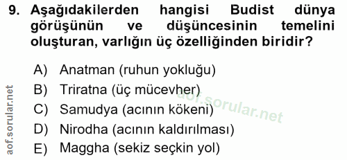 9. soru: Aşağıdakilerden hangisi Budist dünya görüşünün ve düşüncesinin temelini oluşturan, varlığın üç özelliğinden biridir?…