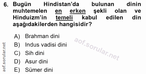6. soru: Bugün Hindistan'da bulunan dinin muhtemelen en erken şekli olan ve Hinduizm'in temeli kabul edilen din aşağıdakilerde…