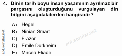 4. soru: Dinin tarih boyu insan yaşamının ayrılmaz bir parçasını oluşturduğunu vurgulayan din bilgini aşağıdakilerden hangisid…
