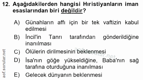 12. soru: Aşağıdakilerden hangisi Hıristiyanların iman esaslarından biri değildir? A) Günahların affı için bir tek vaftizin kab…