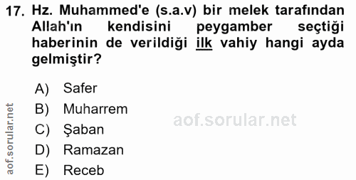 17. soru: Hz. Muhammed'e (s.a.v) bir melek tarafından Allah'ın kendisini peygamber seçtiği haberinin de verildiği ilk vahiy han…